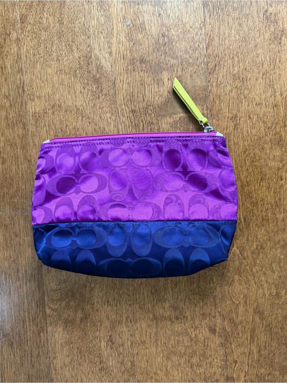 Coach Two-Tone Satin Logo Cosmetic Pouch in Purple, Navy & Neon Yellow - Picture 3 of 11